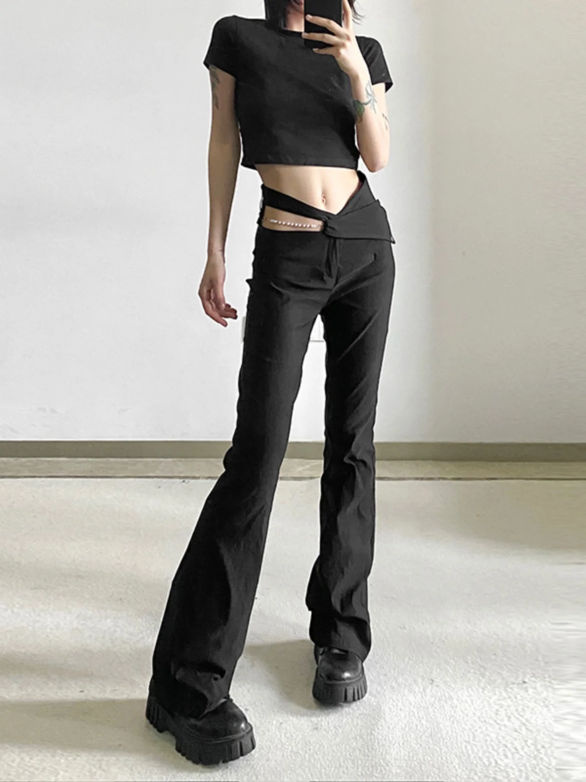 Pantaloni casual a vita alta Cool Bla Pantaloni lunghi da donna con design a vita scavata Pantaloni casual da strada