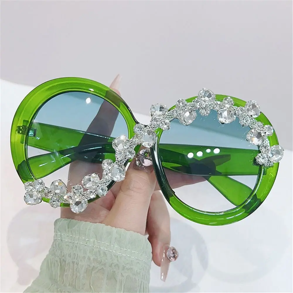 Rhinestone Decor Round Frame Sunglasses UV400 Protection Asymmetrical Design Aesthetic Sun Glasses Oversized Y2K Shades