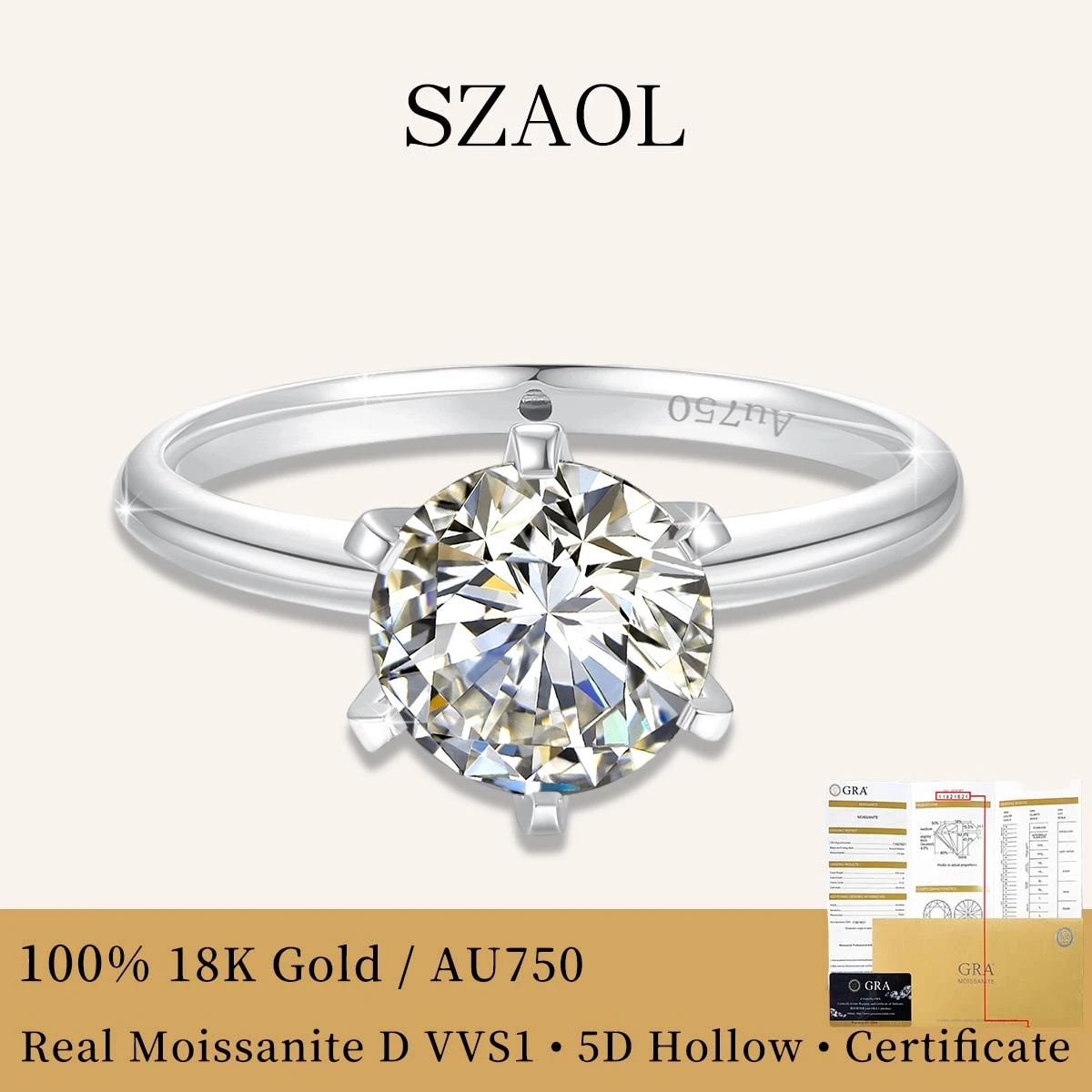 

Classic 0.5-1ct Round Moissanite 6 Prong Engagement Proposal Ring For Girlfriend AU750 18K Gold Hollow Jewelry Birthday Gift Hot