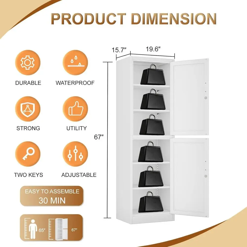 67 Tall Metal Storage Locker Cabinet with 4 Adjustable Shelves and 2 Lockable Doors for Kitchen, Home Office, Living & Dining Ro