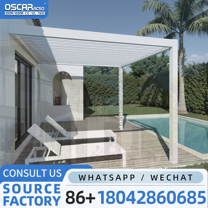 Gazebo bioclimático con techo de lamas de aluminio motorizado e impermeable para jardín, patio o pérgola.