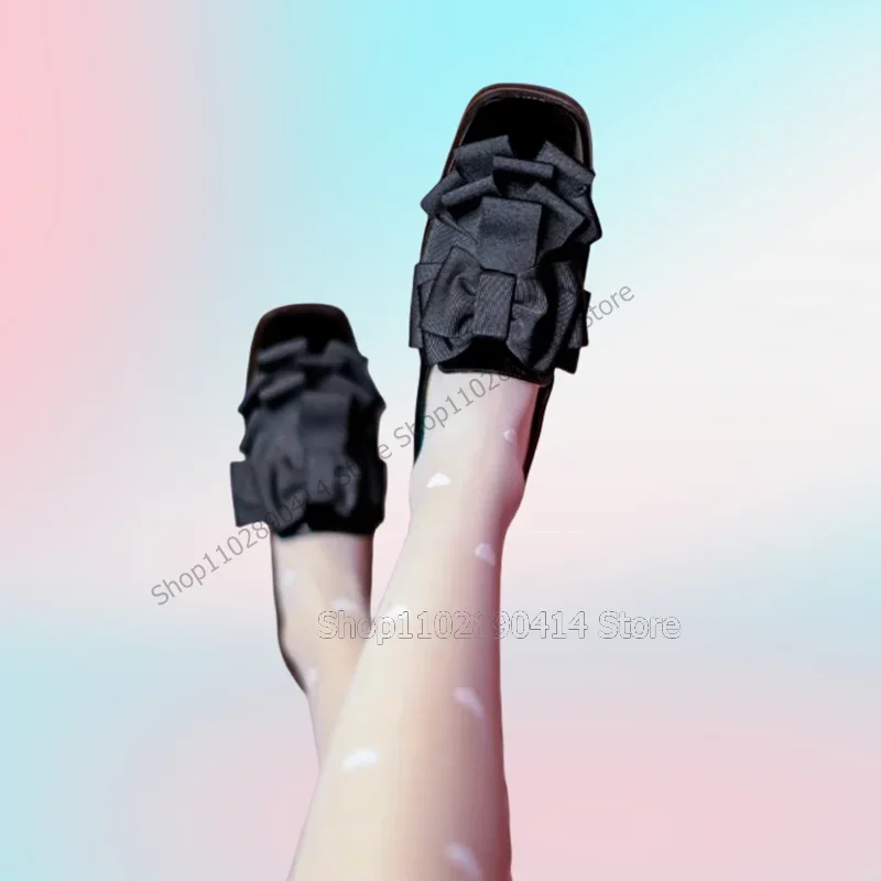 

Black Bow Knot Decor Square Toe Low Top Pumps Slip On Women Shoes Chunky Heels Fashion Party Banquet 2023 Zapatos Para Mujere