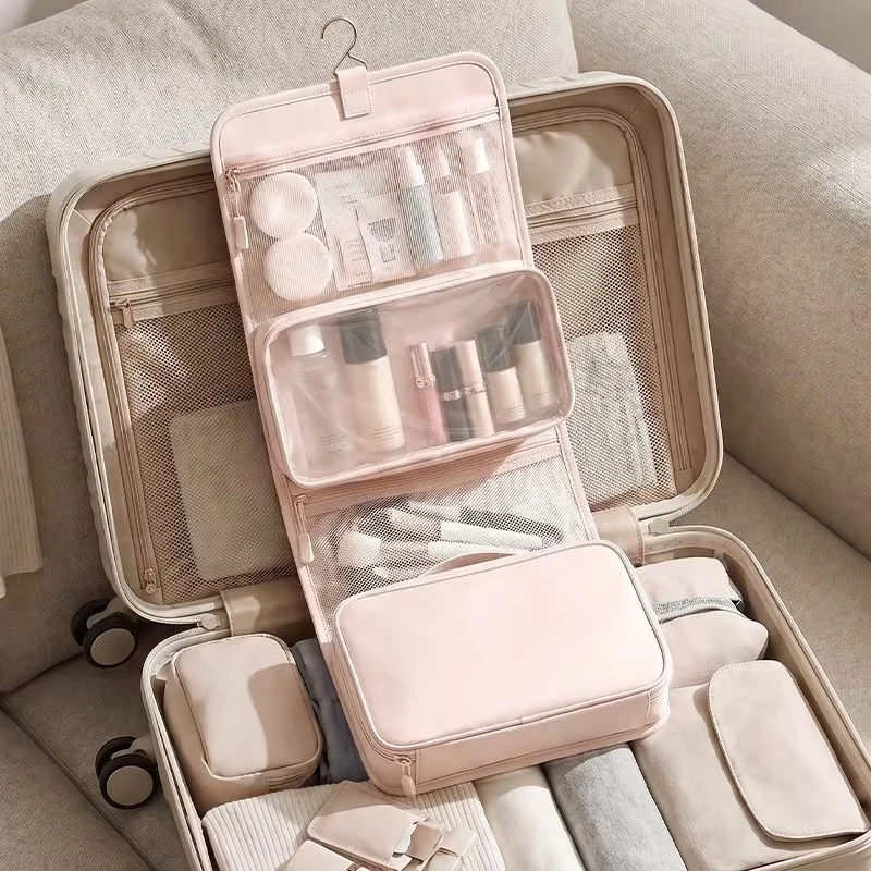 Large Capacity Hanging Toiletry Bag for Women, Waterproof Travel Cosmetic Organizer with Dry Wet Separation Folding Wash Pouch