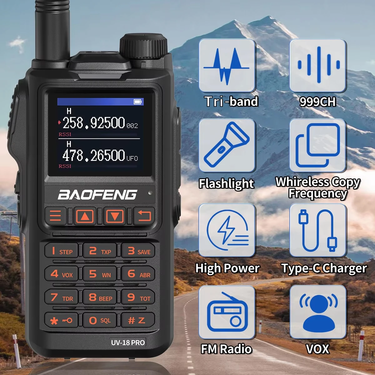 2PCS BaoFeng UV-18 PRO Walkie Talkie  Long Range  Tri-band Wireless Copy Frequency 999CH Type-C Charger Two Way Radio UV-5R 17