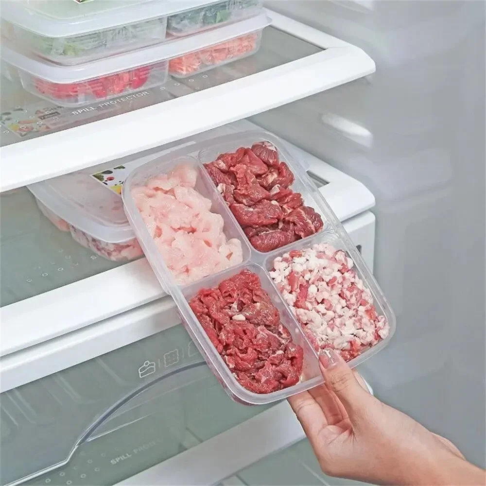 4 Grids Food Storage Box Portable Compartment Refrigerator Freezer Organizers Sub-Packed Meat Onion Ginger Clear Kitchen Tool1PC