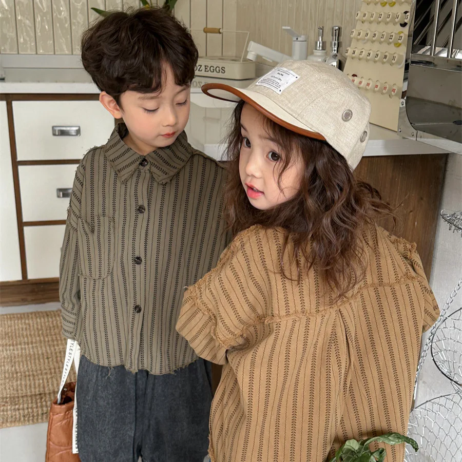 

Spring Autumn Kid Boys 2PCS Clothes Set Striped Turn Down Collar Single Breasted Shirt Elastic Wiast Jeans Suit Kid Boys Outfits