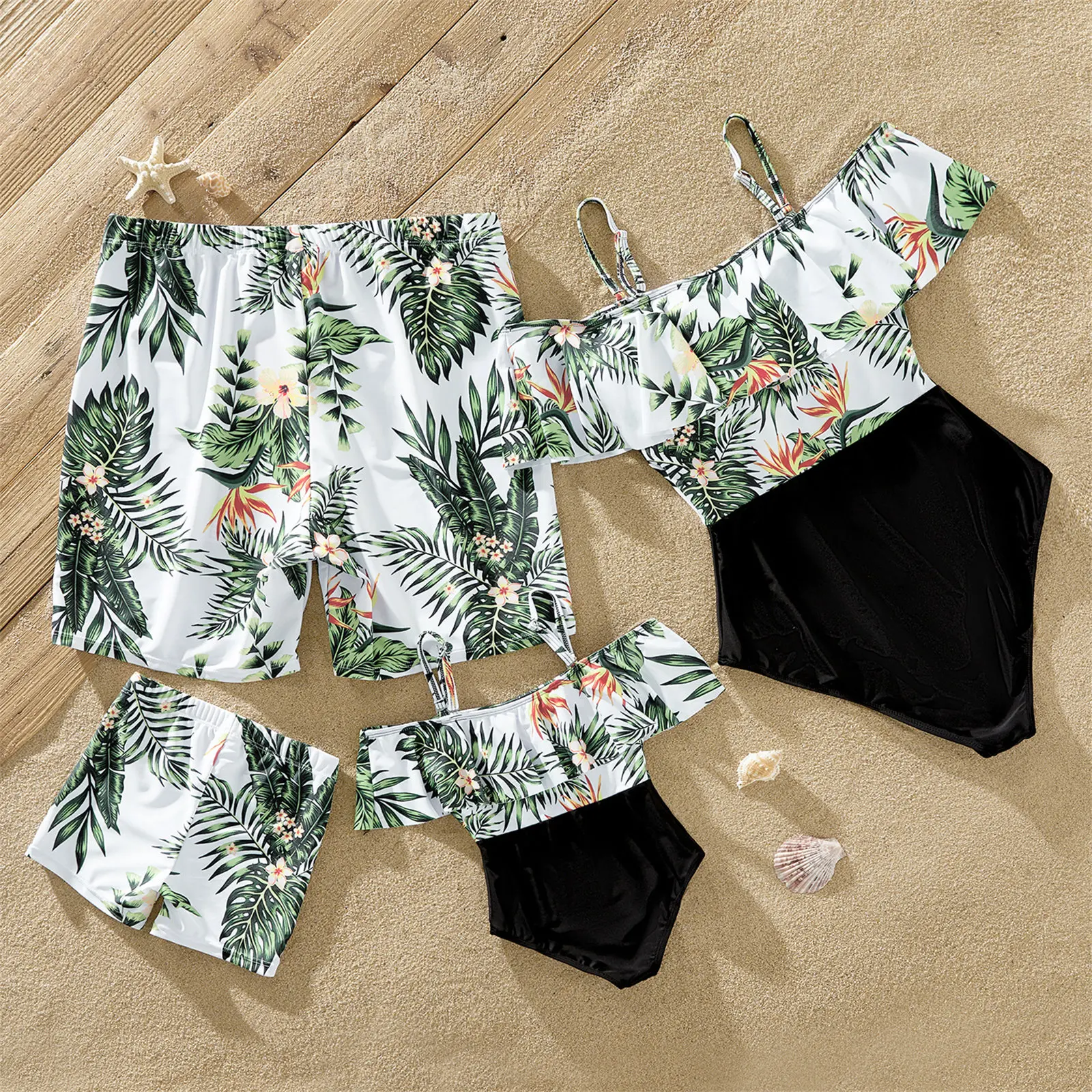 PatPat Summer Family Matching Swimsuit One Piece Plant Flounce Plumeria Print Family Matching Swimsuit Swimwear Clothes Sets