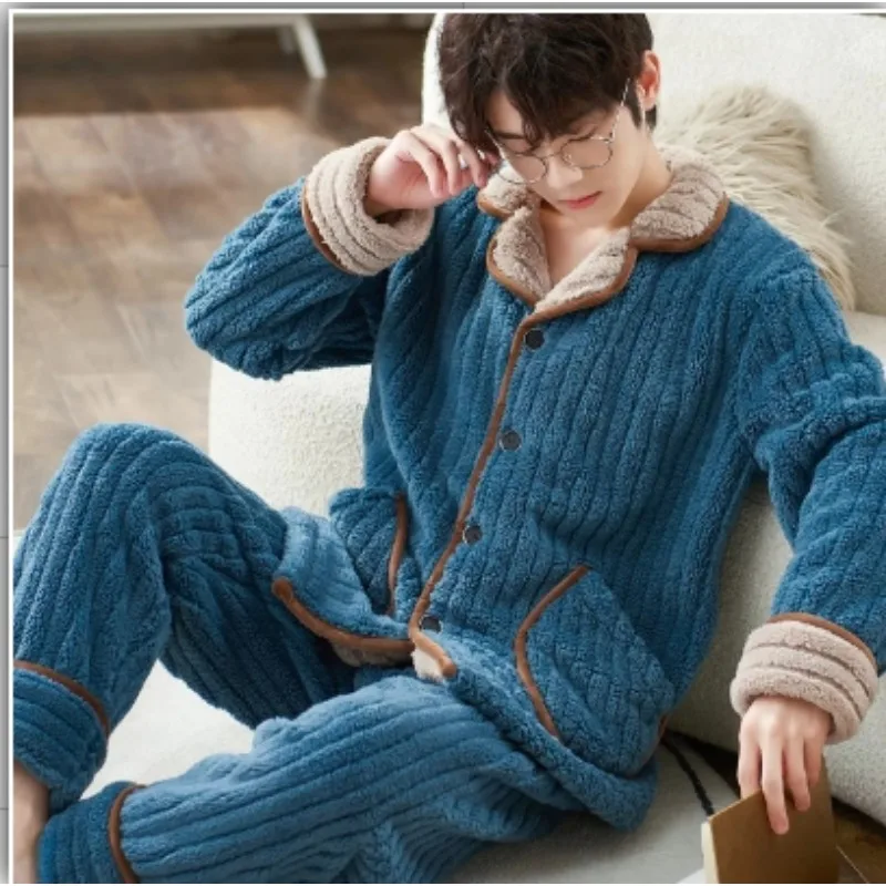 

Sleepwear Men's Autumn and Winter Thick Plush Flannel Loungewear Oversized Loose Fitting Homewear Warmth Two Piece Pajamas NEW