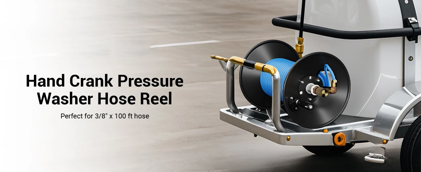For 100ft 3/8 Retractable High Pressure Washer Hose Reel 4000PSI with Manual Crank & Swivel Base for Cleaning
