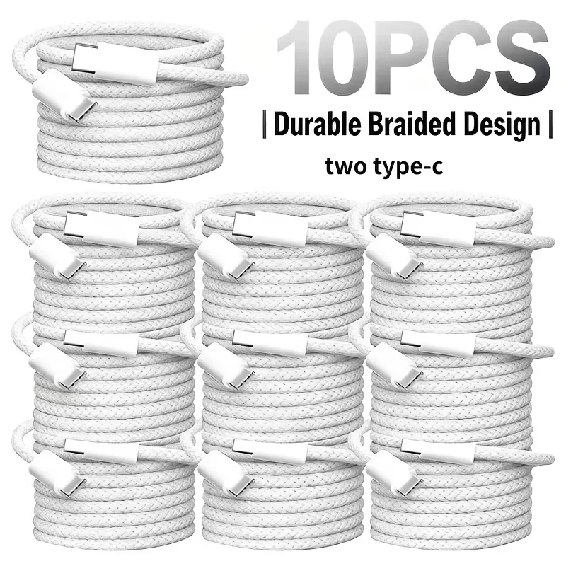10 Piece Set 1m/3FT TypeC-C Braided Data Cable 60W Fast Charging Durable Power-Off Protection for Laptops Smartphones