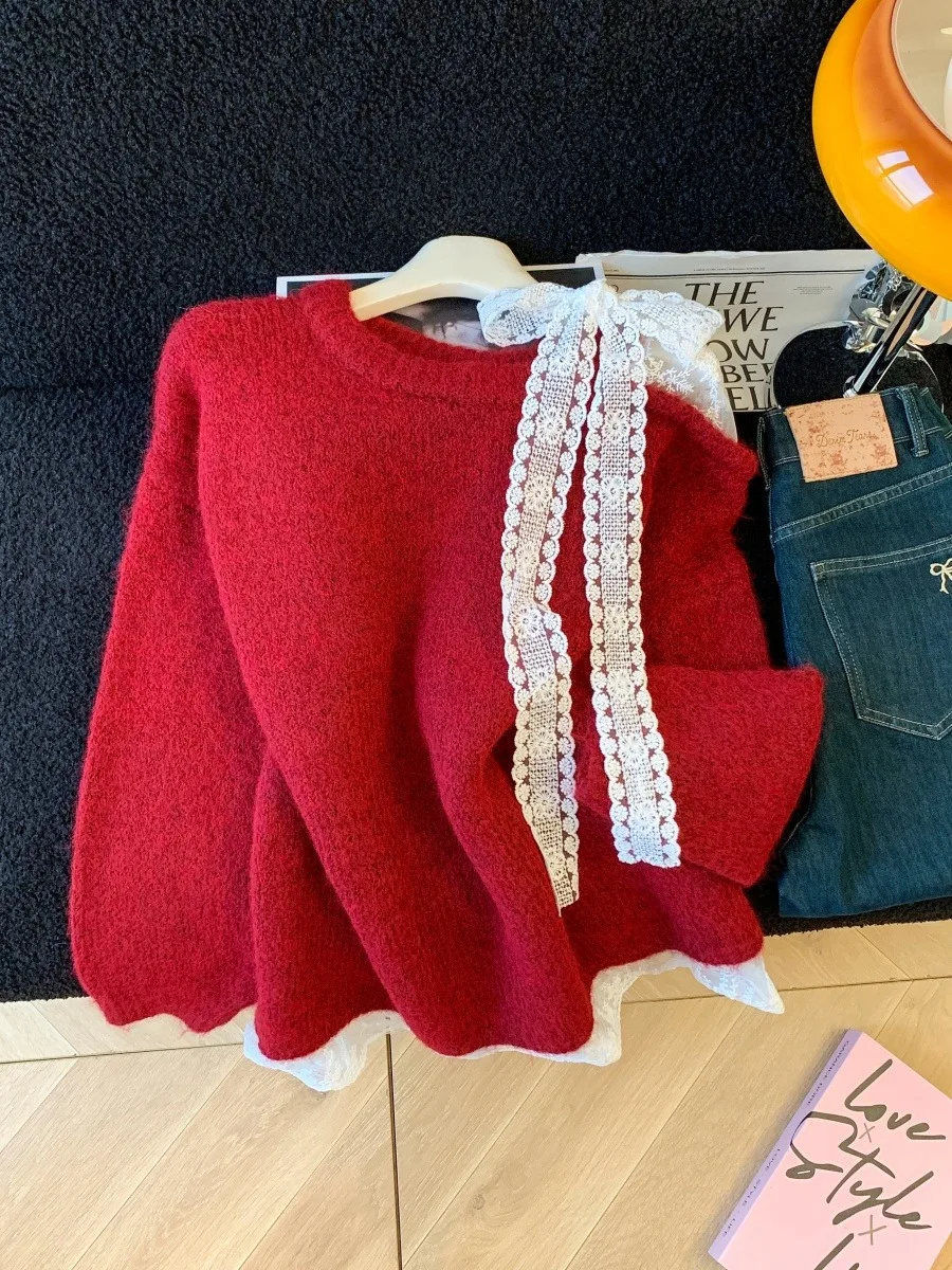 Retro laço vermelho nó oulder bared camisola feminina outono inverno doce preguiçoso sle solto macio malha irt