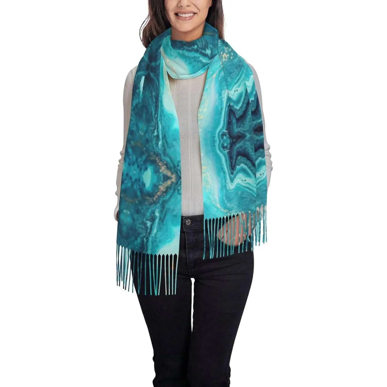 

Женский шарф с бахромой, синий, золотой, мраморный принт, мягкий и легкий шарф из полиэстера с кисточками, осенне-зимний модный шарф