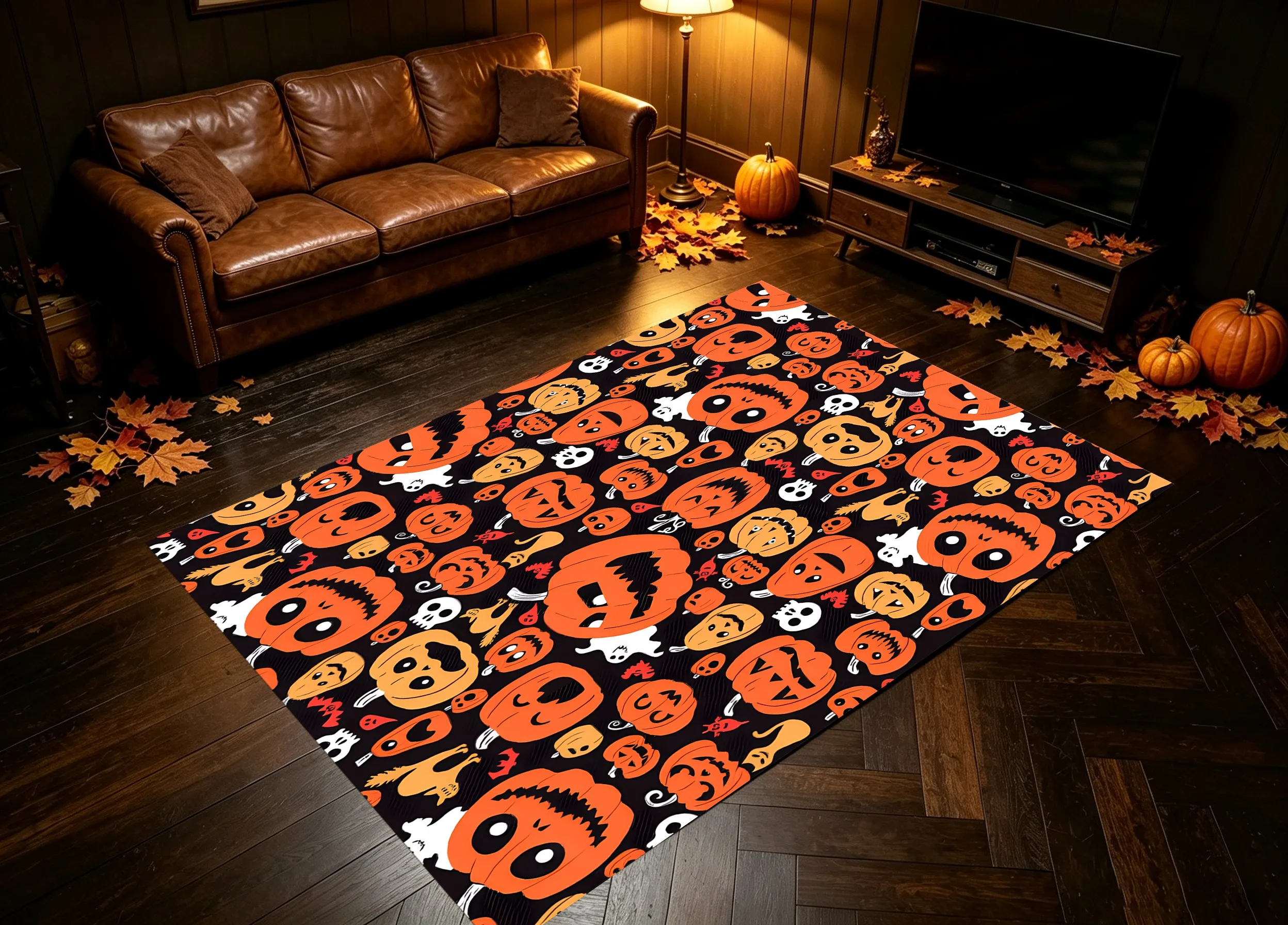 Velvet Rug Whimsical Pumpkin Ghost Skull All over Playful Style for Entryway Bedroom Bedside Decor