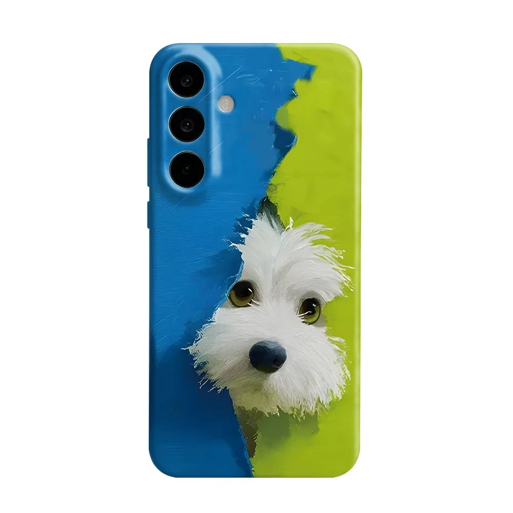 Blue & Green Splice Cute Dog Phone Case For Samsung S26 S25 S24 S23 S22 S21 Ultra Plus Edge FE Hard PC Shockproof Back Cover