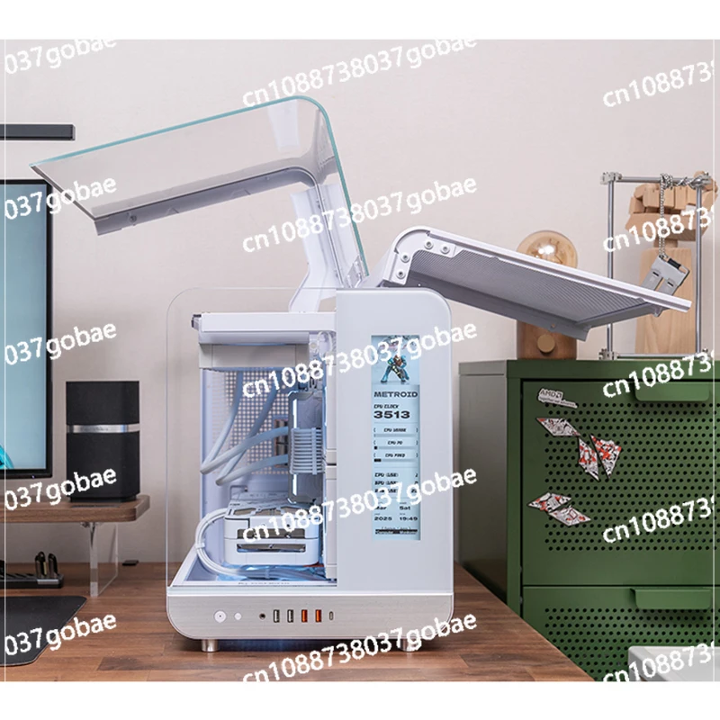 최소한의 디자인을 갖춘 기둥 없는 곡면 유리 MATX 컴퓨터 데스크탑 스크린 디스플레이와 360도 수냉식 섀시