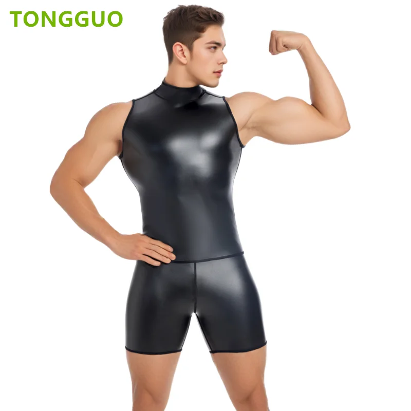 Cool guy Faux Leather Vest Stand collar Tank Top Sleeveless Shirt Waistcoats Body Shapers Slim Underwear Waist trainer Corsets