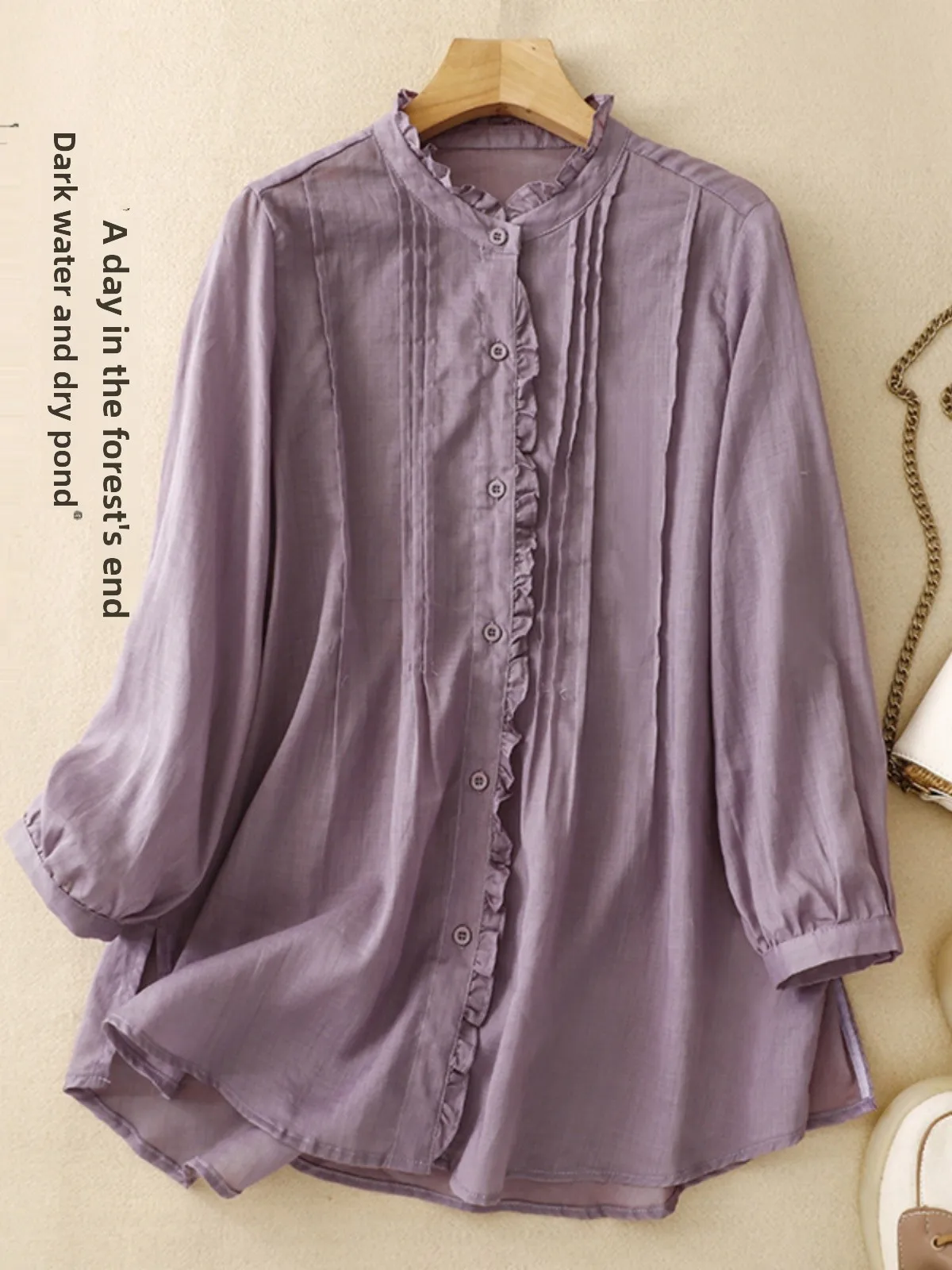 

Loose Casual Women's Shirt Pure Color Artistic Design Long Sleeve Mid-Length Button-Up Top for Daily Wear Shape Spring