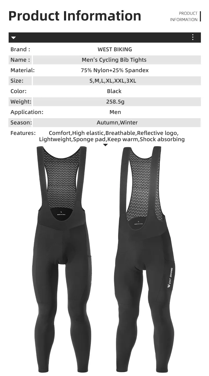 WEST BIKING Herren Radsport-Trägerhose mit 3D-Stoßdämpfendem Schwammpolster, atmungsaktivem Mesh, breiten Trägern, reflektierend, warm, thermisch. – Detail 2
