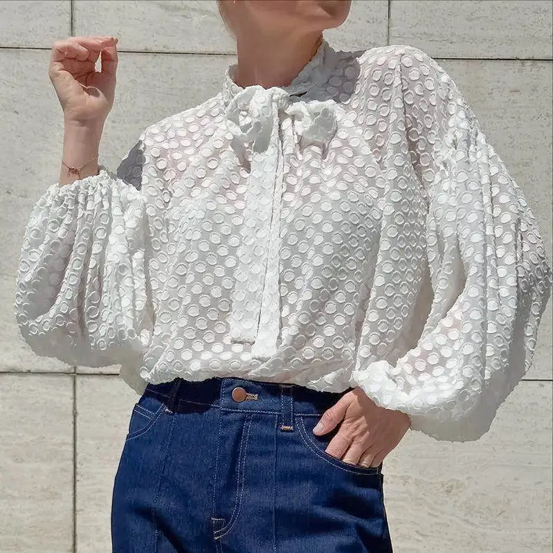 

Elegant Commuter Style Long Sleeve Lace Embroidery Polka Dot Bow Tie White Shirt Loose Fit Slimming Texture Cross Border