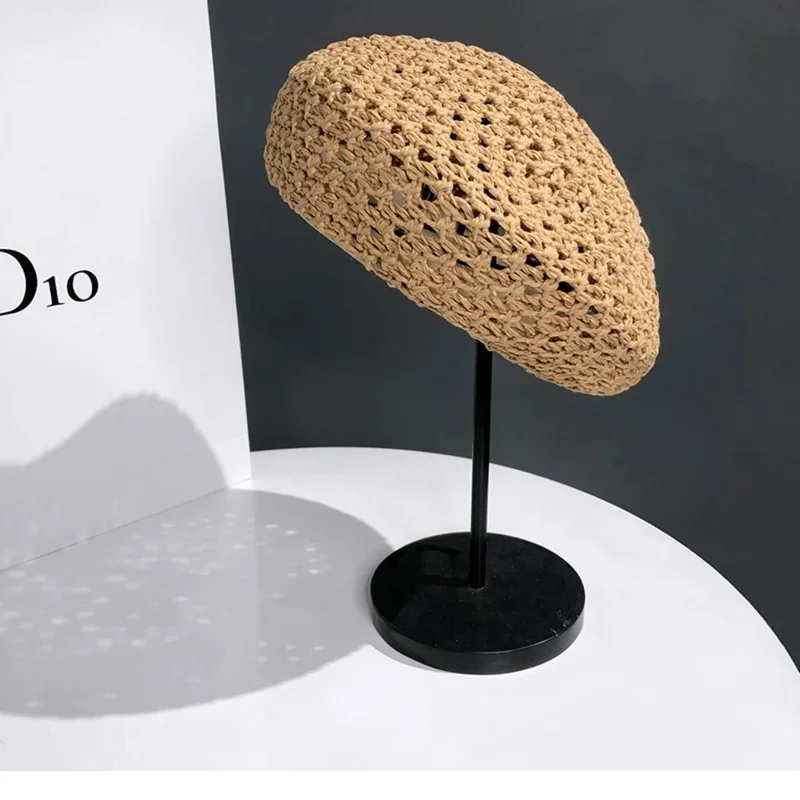 Women Handmade Crochet Beret Cap Solid Color Hollow Out Sweet Floral Weave Lady Leisure Vintage Slouchy Painter Hat