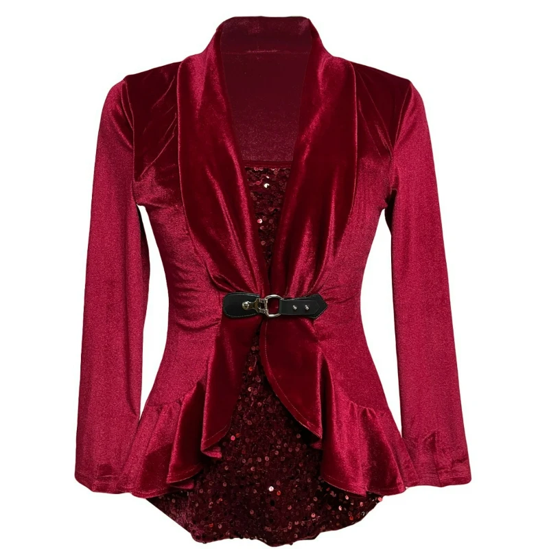 

Women Jackets Party Sequins Spliced Elegant Coat Slim Fit Turn Down Collar Button Ruffles Evening Coat Night Prom Autumn