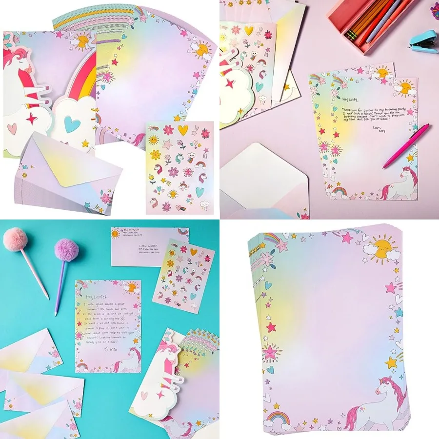 

92 Piece Unicorn-Themed Stationery Set for Girls Including 60 Writing Sheets 30 Envelopes Pocket Folder and Sticker Sheet 7.25