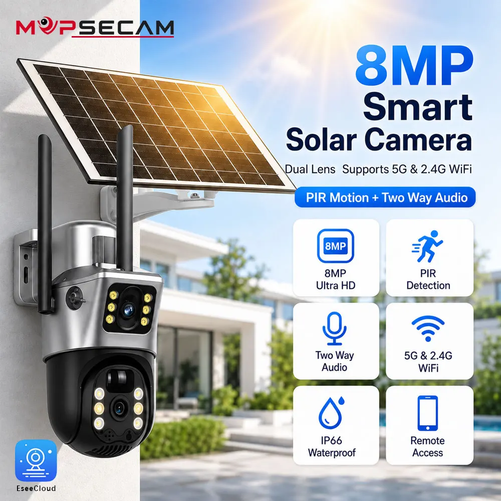 Caméra de sécurité solaire WiFi 8MP à double objectif, caméra de surveillance extérieure PTZ avec WiFi double bande 5G 2.4G, détection de mouvement PIR, audio bidirectionnel, étanche IP66, accès à distance, alimentée par énergie solaire, pour maison, cour, jardin, garage, ferme, moniteur CCTV, systèmes de protection de propriété sans fil