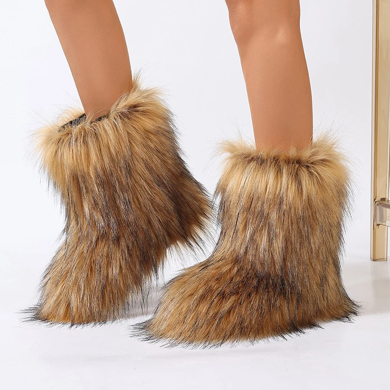 

Women Faux Fur Boots Winter Plush Warm Mid Calf Snow Boots Luxury Ladies Outdoor Flat Heels Furry Shoes Plus Size 44