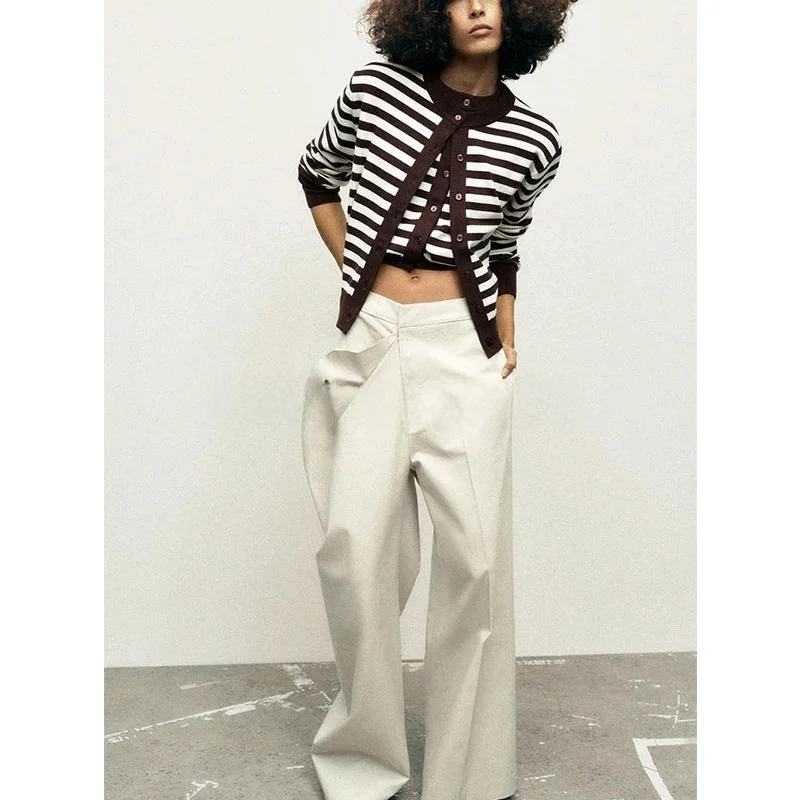 Spring New Women's Knitted Long Sve round Ne Striped ort Coat Casual College Sle Versatile Lazy Match Polyester Fiber