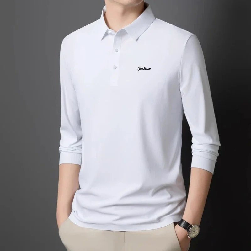 Ice silk men's new polo shirt long sleeved golf brand printed top autumn comfortable breathable business casual high-end T-shirt