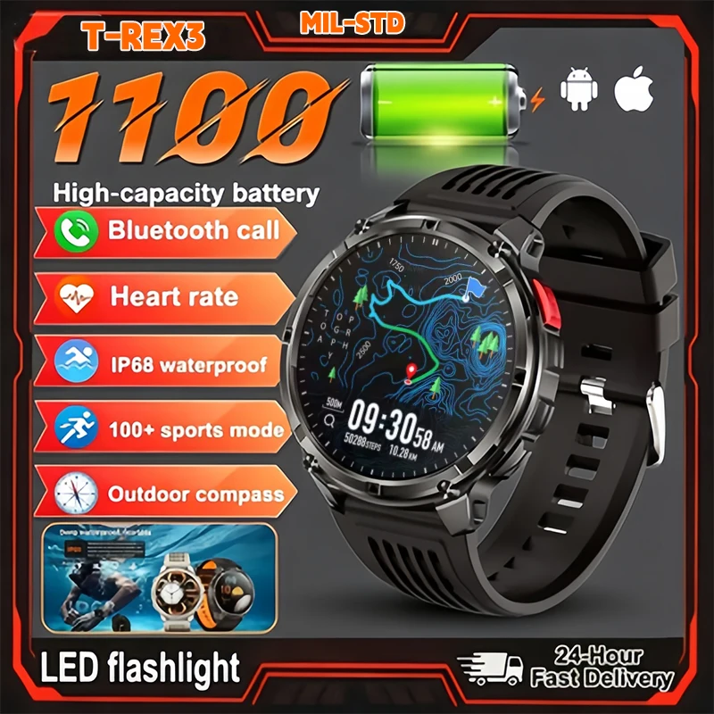 T-Rex3 Military 1.7inch Smart Watch  1100mAh Battery GPS Track Compass IP69K Waterproof Sports tracker Outdoors  Smartwatche Men