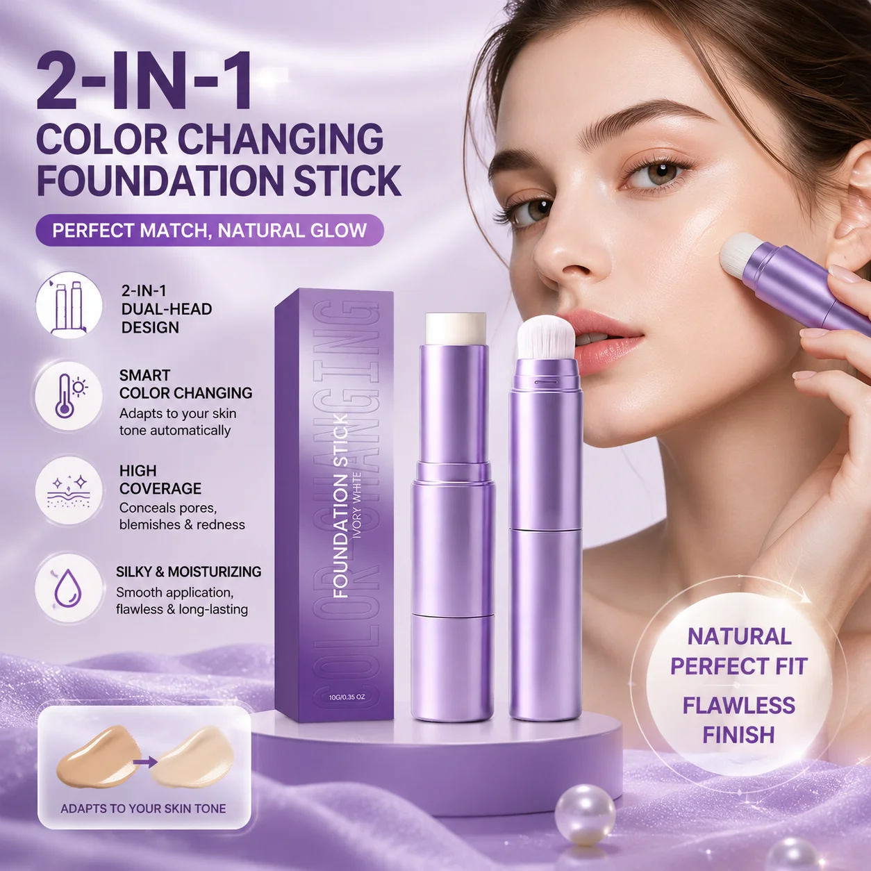 2In1 Dual Head Color Changing Foundation Stick Smart Skin Tone Adapt High Coverage Moisturizing LongLasting Flawless Finish