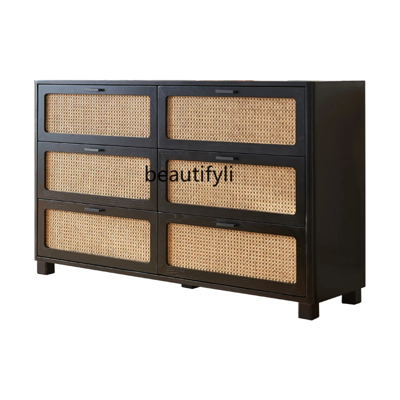 

Nordic Solid Wood Chest of Six Drawers Vintage Rattan Storage Small Apartment Home Entrance Drawer Locker