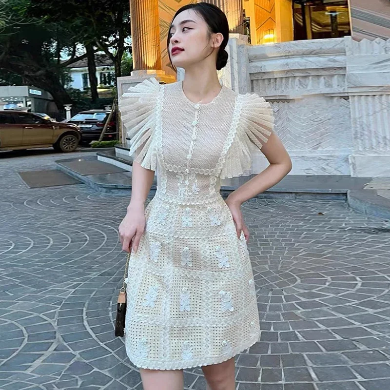 New Embroidery Lace Dresses for Women  Summer O-neck Elegance Dress Women Clothing High Waist Hollow Hook Vestido Party