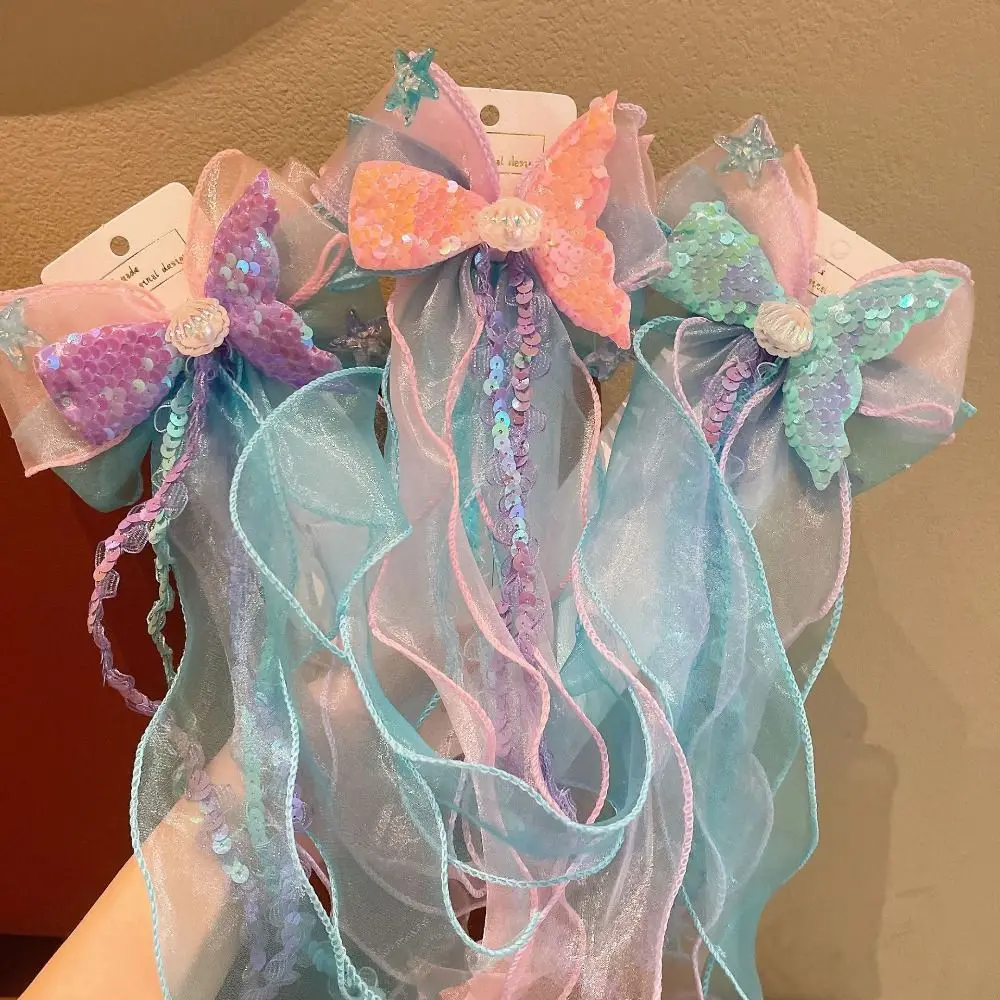 新しい子供用リボンヘアピン、プリンセス人魚の弓型ヘアクリップ、小さな女の子のための可愛いバレッタ