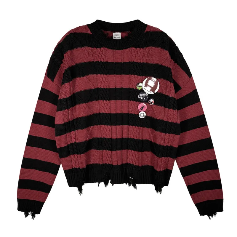 PFNW High Street Vintage Black And Red Stripe Badge Worn Sweater Men's Loose Causal O-neck Knitwear Trendy Pullover Top 12C1801