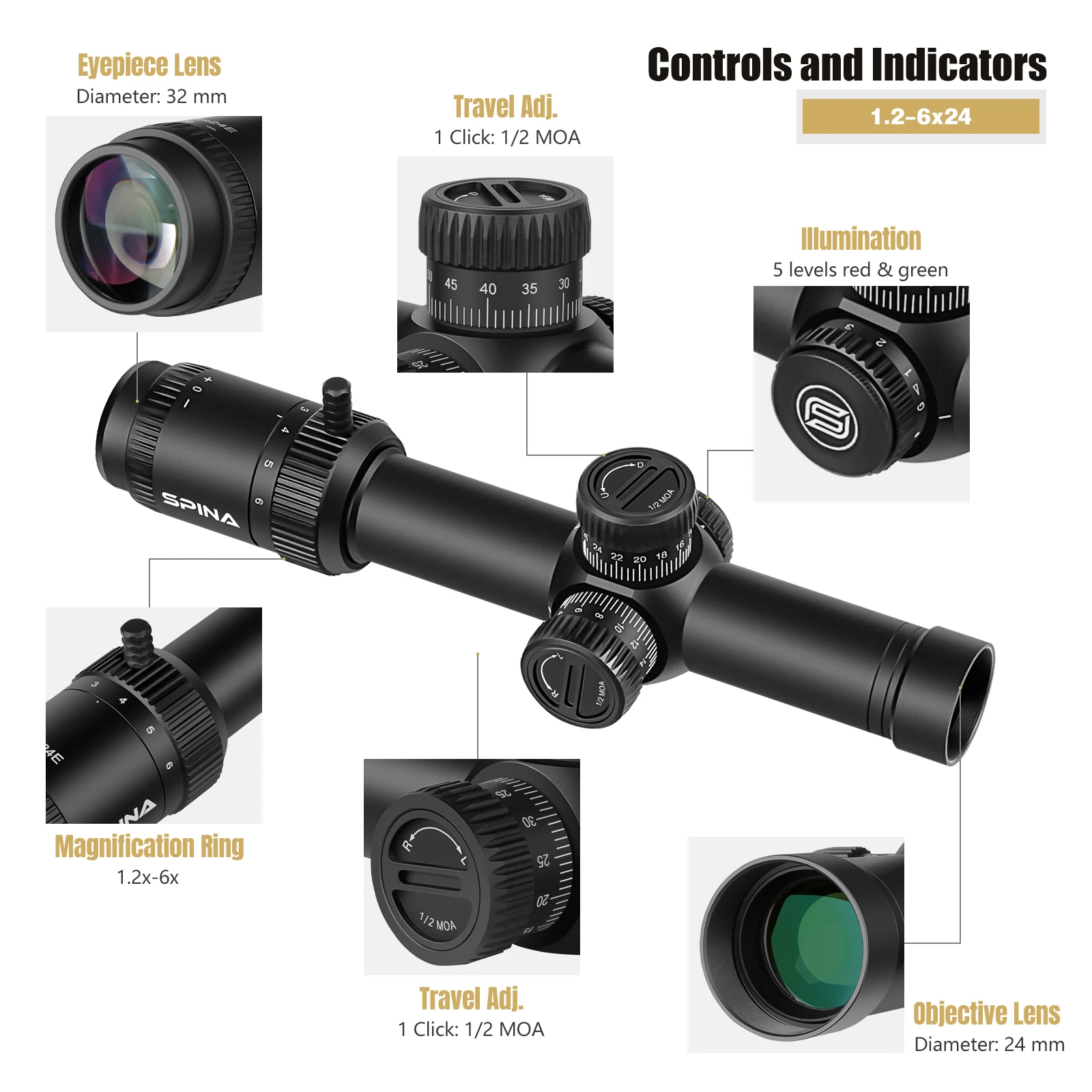 SPINA OPTICS 1.2-6x24 Scope Sight First&Second focal plane HD lens Red&Green Illuminant Quick Focus Etched glass Reticle