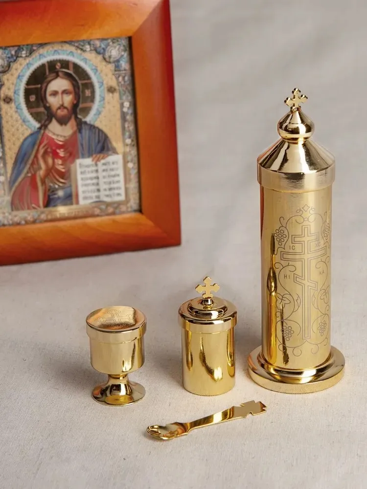 HTISOK Orthodox Portable Holy Water Set, Storing and Distributing Holy Water, Church Supplies, Cross Design, Blessing Ceremony