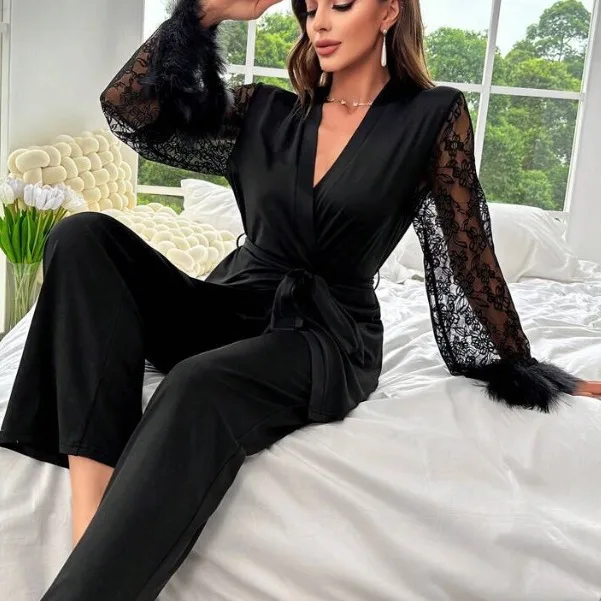 

Womens Home Pajama Set Cuff Patchwork Elegant Sleepwear Robe