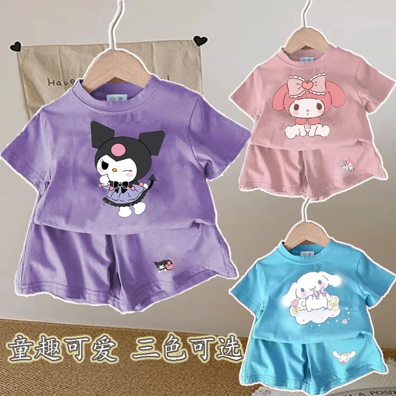 Conjunto de Ropa de Verano Sanrio para Niñas, Camiseta de Manga Corta con Estampado de Kuromi y Pantalones Cortos