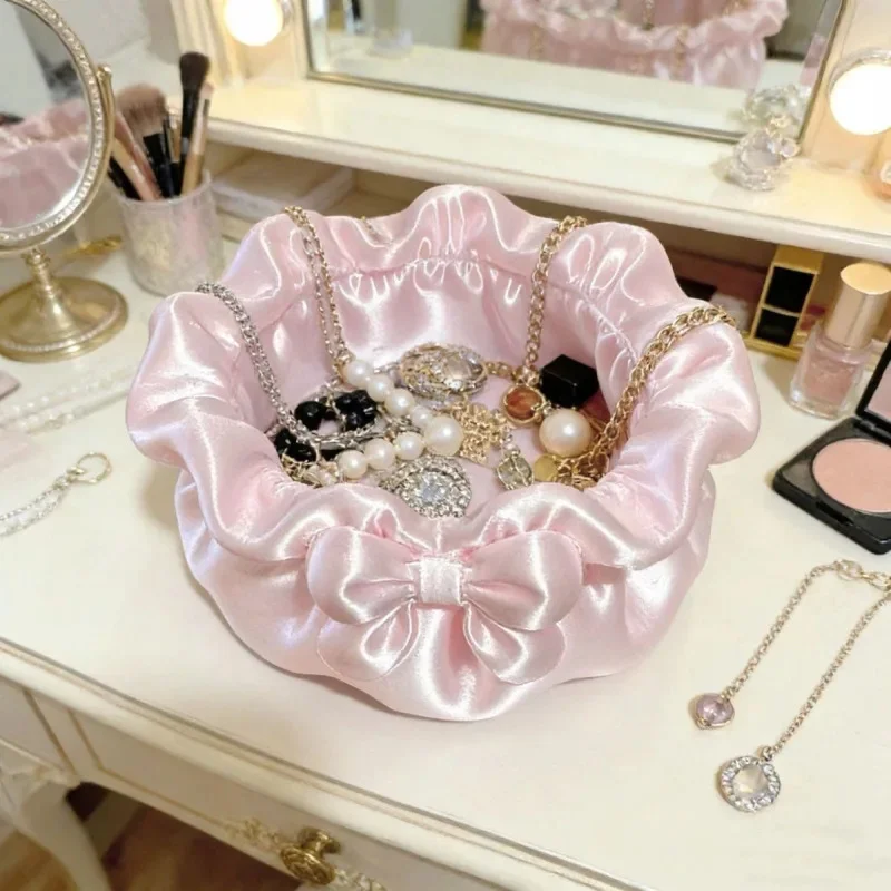 Satin Bow Jewelry Tray Purple Ruffle Flower Shape Storage Bowl 11cm Ring Necklace Earring Organizer Vanity Table Bedroom Decor