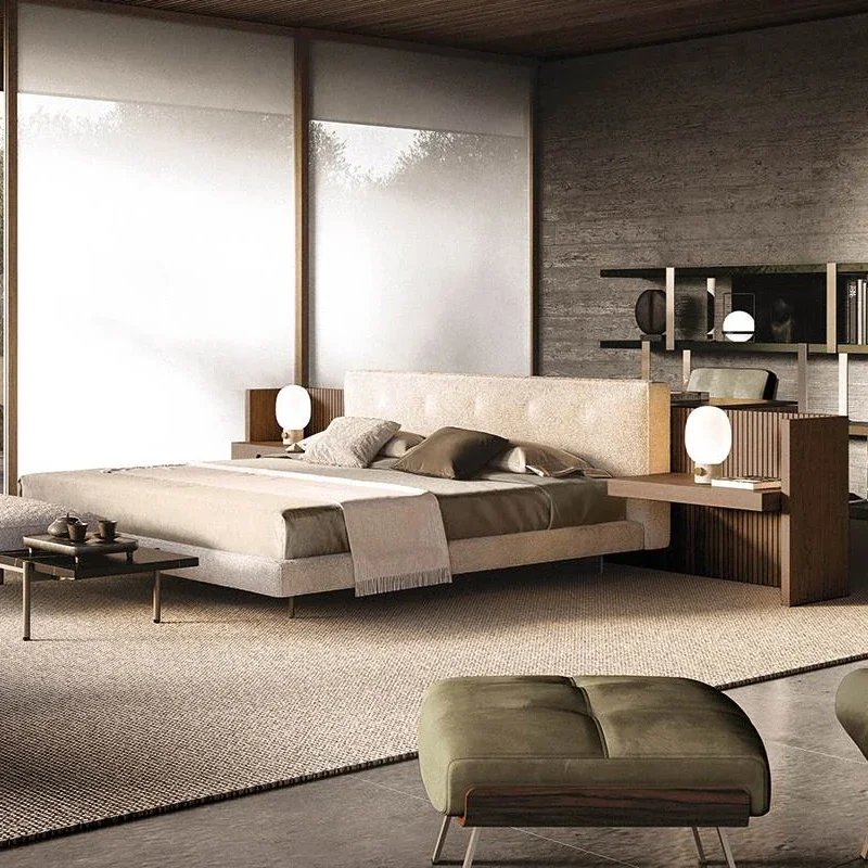 Italian minimalist cotton and linen fabric bed, wide beds screen beds
