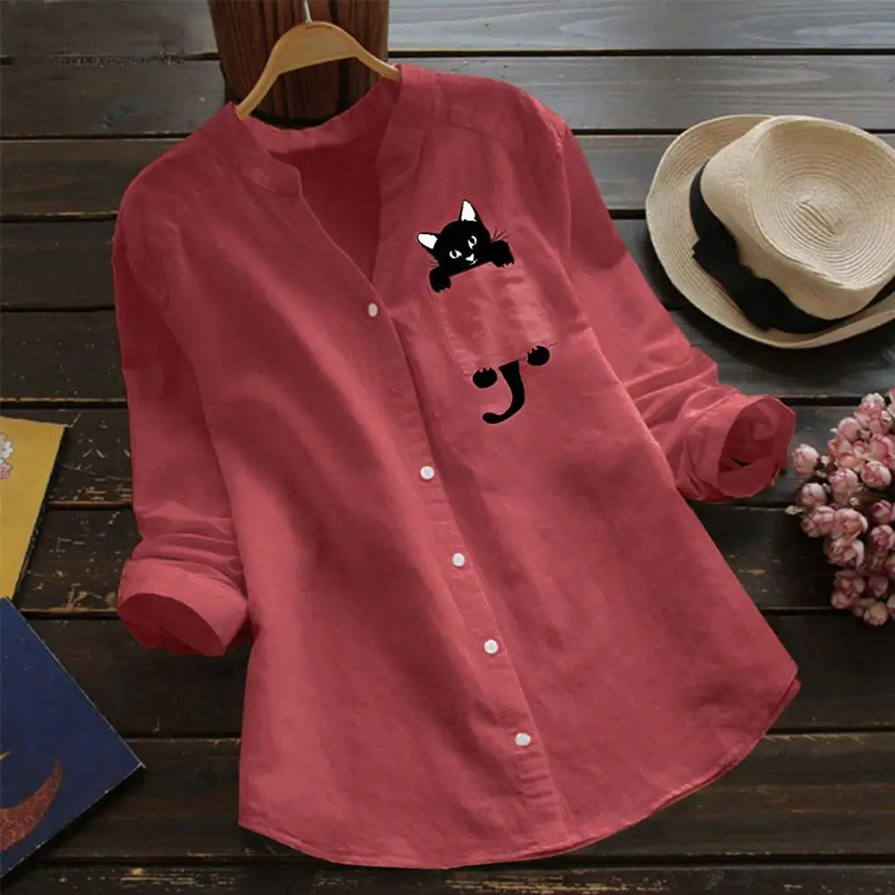 2024 Cute Cat Women Blouse Solid Color O-Neck Short Sleeve Casual Elegant Female Blouse Ladies Top Relaxed Fit Patchwork Blouse