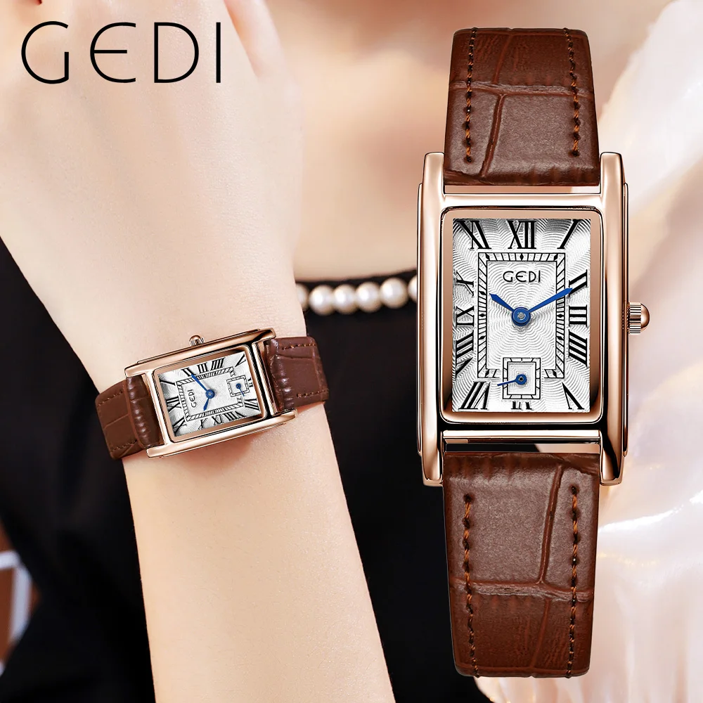 

GEDI Classic Waterproof Women Square Watch Luxury Roman Numeral Index Ladies Quartz Wristwatch Separate Second Hands of Watch