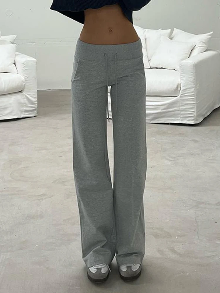 Gray Drawstring Waist Casual Sweatpants Women Solid Simple Basic Minimalist Fitness Joggers Straight Pants