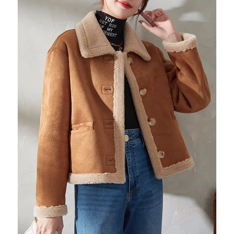 Camel Lamb Fur Coats Winter Women Wool Collar Liner Single Breasted Short Slim American Retro Shearling Jacket Chaquetas Mujer