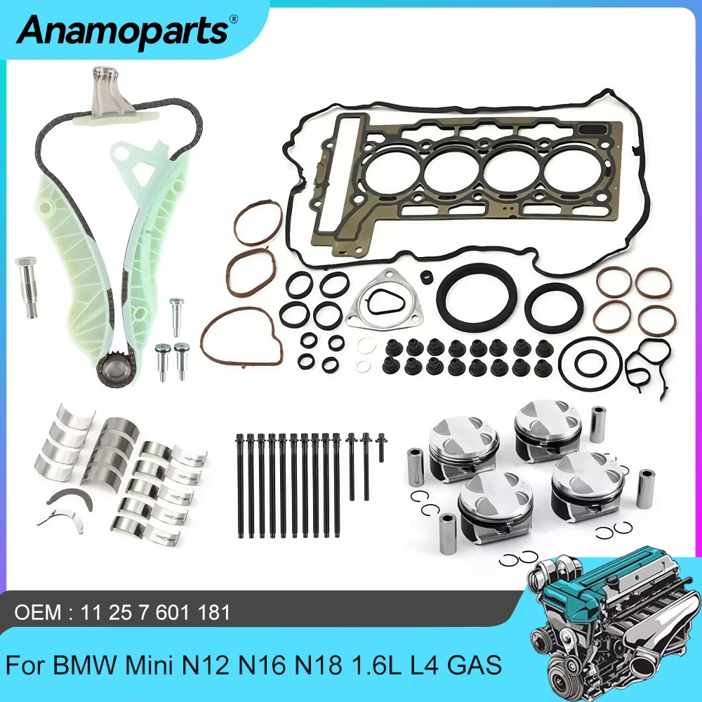 Engine gasket Bolt Piston & Rings Set Timing Chain Kit For 07-16 BMW Mini 114i R55 R56 R57 R58 R59 R60 N12 N16 N18 1.6L L4 GAS