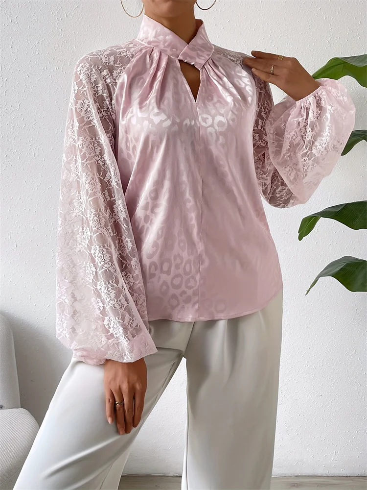 Lace Satin Trend Women Casual Elegant Long Sleeved Shirt Office Lady Women's Korean Style Silk See Through Pink Tank Top Floral