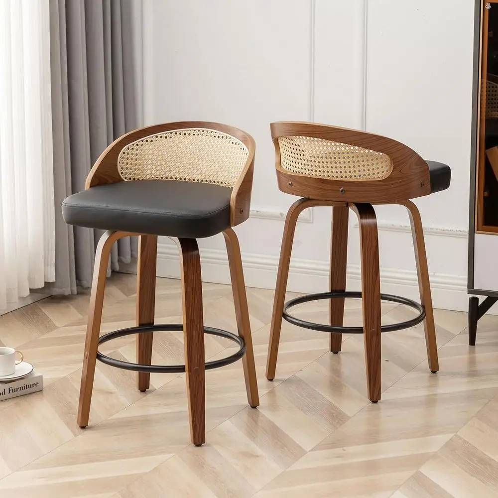 

Set of 2 Modern Rattan Bar Stools with Black Leather Upholstery and Walnut Wood Finish