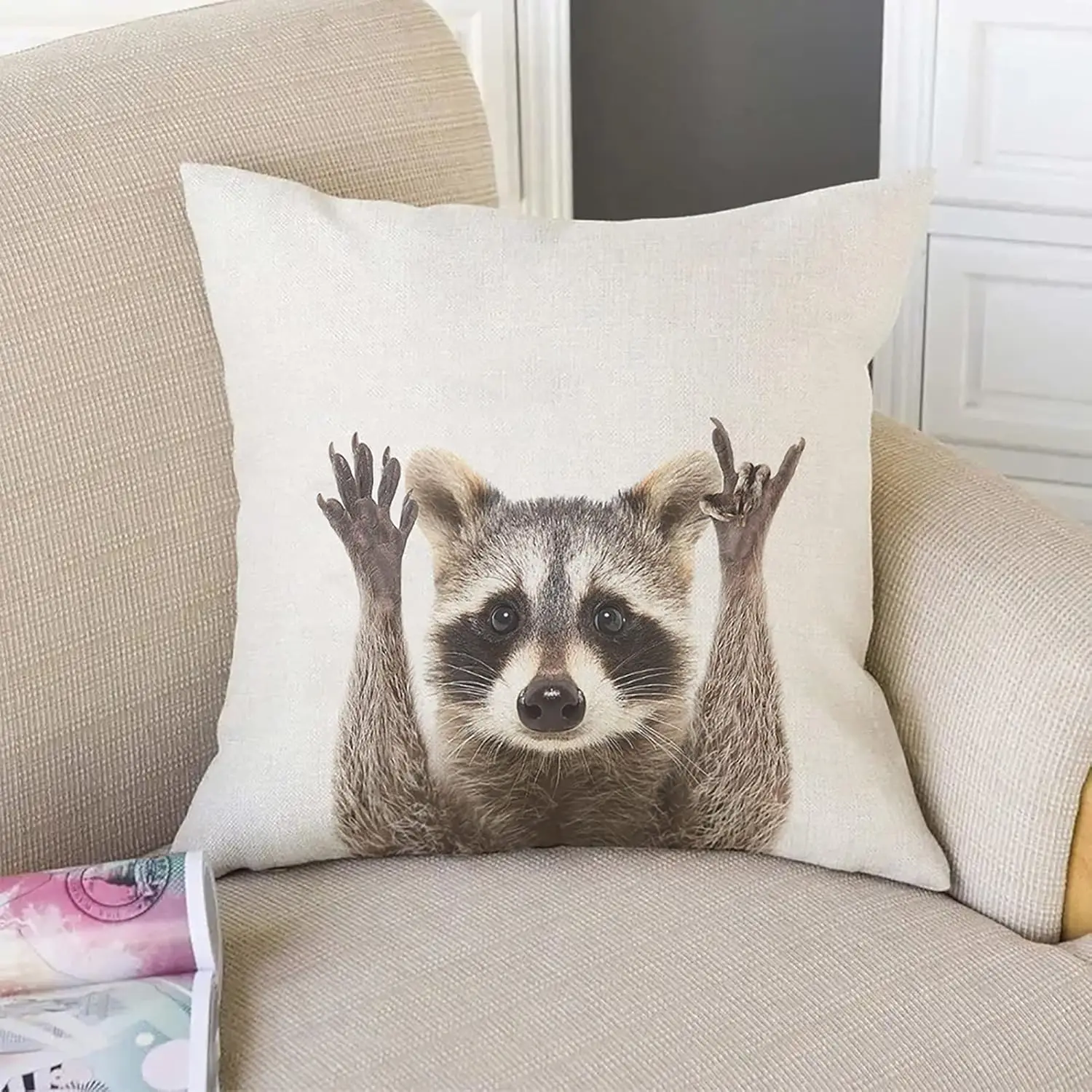 Cute Raccoon Pillowcase, Funny Animal Cushion Cover, Nature Lover Gift, Rustic Home Decor, Novelty Throw Pillow